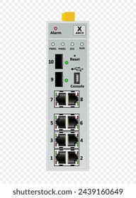 Industrial Ethernet switch for DIN rail mounting. Contains 8 RJ-45 Ethernet ports, 2 fiber-optic SFP ports, one USB console port.  
At the top there is a connector for connecting a power source.