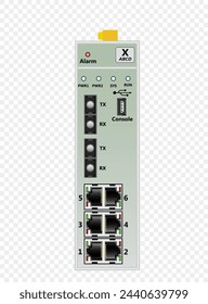 Conmutador Ethernet industrial para montaje en raíl DIN. Contiene 6 puertos Ethernet RJ-45, 2 puertos SC de fibra óptica monomodo, un puerto de consola USB. En la parte superior está el conector de alimentación. Ilustración vectorial.