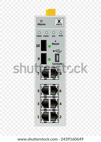 Industrial Ethernet switch for DIN rail mounting. Contains 8 RJ-45 Ethernet ports, 2 fiber-optic SFP ports, one USB console port.  
At the top there is a connector for connecting a power source.