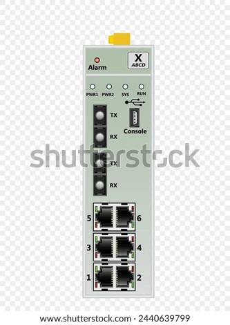 Industrial Ethernet switch for DIN rail mounting. Contains 6 RJ-45 Ethernet ports, 2 fiber optic single-mode SC ports, one USB console port. At the top is the power connector. Vector illustration.