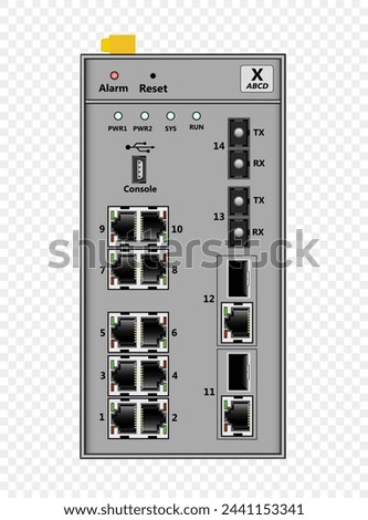 Industrial Ethernet switch for DIN rail mounting. Contains 10 Ethernet RJ-45 ports, 2 fiber optic single-mode SC ports, 2 COMBO SFP+RJ-45 ports, one USB console port. At the top is the power connector