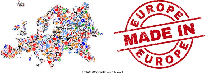 Industrial Europe map mosaic and MADE IN distress stamp seal. Europe map collage formed with spanners, gear wheels, screwdrivers, air planes, transports, electricity strikes, details.