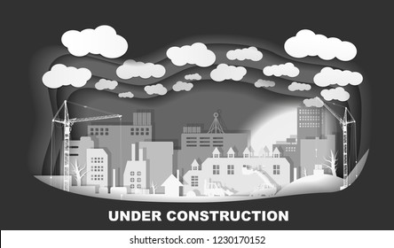 Industrial European vintage styled city under construction. Paper layered art paper card. Web, maintenance, working concept. Vector illustration