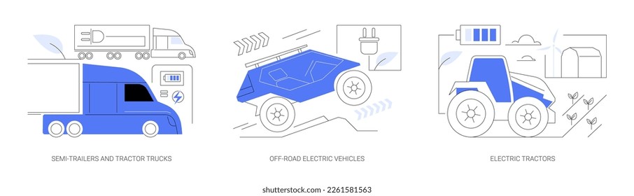 Conjunto de ilustraciones vectoriales de concepto abstracto industrial EV. Semirremolques y camiones tractor, vehículos eléctricos fuera de carretera, tractores eléctricos, metáfora abstracta del transporte industrial sostenible.