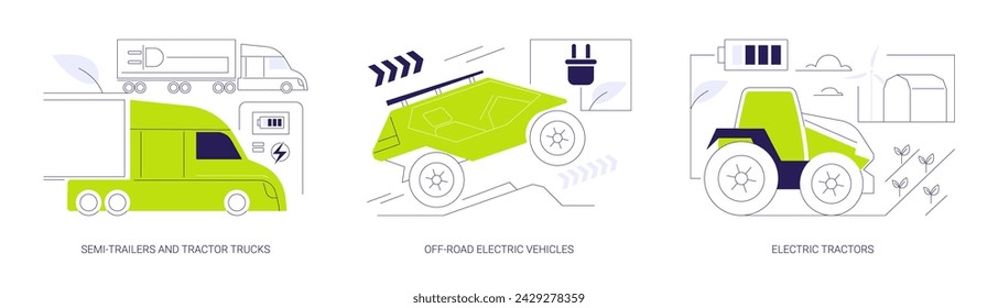 Industrial EV abstract concept vector illustration set. Semi-trailers and tractor trucks, off-road electric vehicles, electric tractors, sustainable industrial transport abstract metaphor.