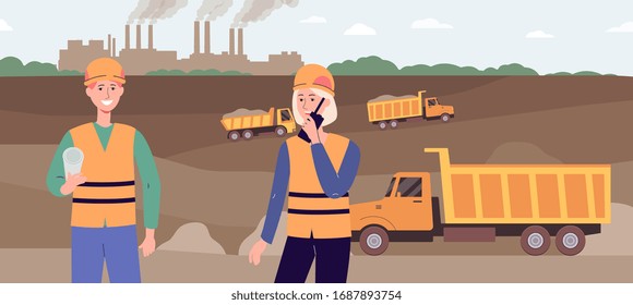 Industrial excavation site with moving trucks and two industry workers talking on radio and holding paper document. Man and woman in open cut mining pit - flat vector illustration.