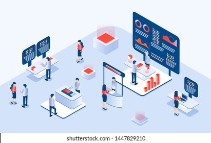 Industrial or Expo center with people looking at exibition stands in gallery hall and communicating with staff 3D isometric vector.