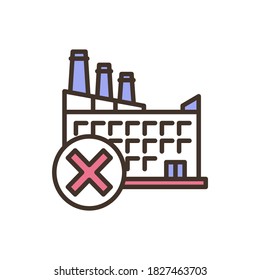 Industrial facility failure RGB color icon. Closed plant production. Cut backs due to economic crisis. Financial problem. Unemployment in factory. Recession in economy. Isolated vector illustration