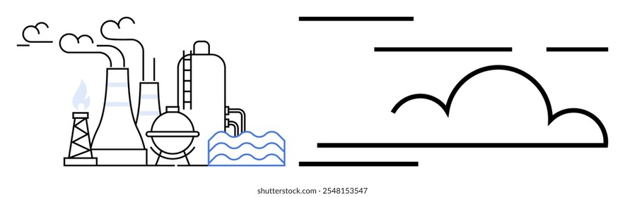 Instalação industrial com pilhas de fumaça emitindo nuvens, ondas azuis na base e contornos simples de nuvens negras. Ideal para poluição, consciência ambiental, indústria, mudanças climáticas, sustentabilidade