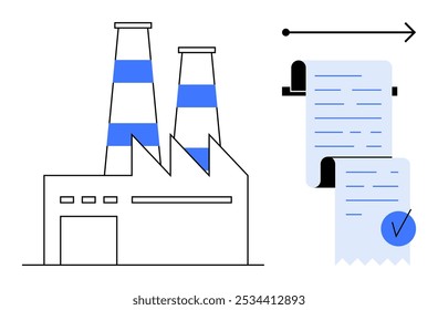 Uma instalação industrial com duas chaminés listradas ao lado de um documento rolante com uma seta indicando fluxo de trabalho. Ideal para temas como fabricação, documentação, processamento, fluxo de trabalho e industrial