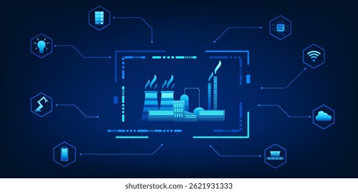 Industrial factories connected with various innovation icons represent the development of factories into smart forms that integrate modern technology to increase efficiency and respond market demands