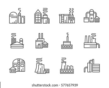 Industrial factories. Set line style icons