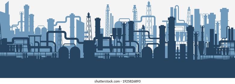 Industrial factories silhouette background. Blue oil refinery complex with pipes and tanks gas production rigs with endless steel vector landscape. - Shutterstock ID 1925826893