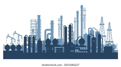 Industrial factories silhouette background. Oil refinery complex with pipes and tanks gas production.