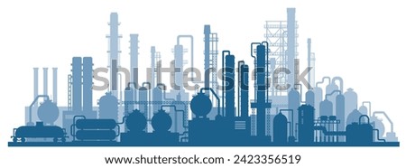 Industrial factories silhouette background. Oil refinery complex with pipes and tanks gas production.