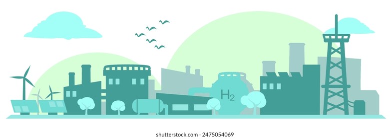 Industrial factories silhouette and outline shadow with trees backgroud green monochrome isolated vector 2d with solar cell