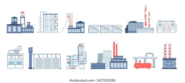 Industrial factories and storages. Gas, oil petroleum storage. Isolated manufactures buildings and complex, flat recent industry vector elements