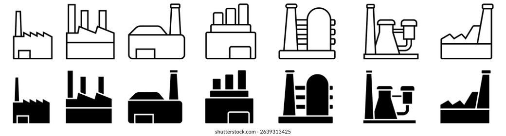 Industrial factories vector icons set. Factory icon illustration collection. Industry power, chemical manufacturing building warehouse nuclear energy plant. 