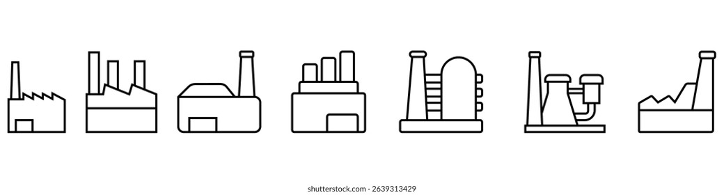 Industrial factories vector icons set. Factory icon illustration collection. Industry power, chemical manufacturing building warehouse nuclear energy plant. 