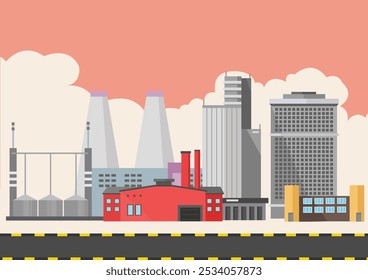 industrial or factory area with tall buildings and chimneys