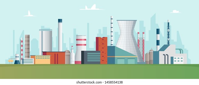 Industrial Factory Background. Exterior Building Of Manufacturing Factory Landscape With Pipe Steam Chimney Vector Illustration. Building Manufacturing With Steam From Pipe