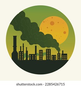 Industrial Factory Background With Trees, Sun Illustration. 