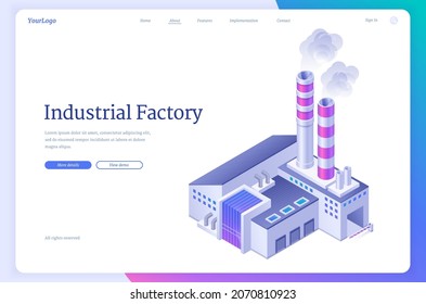 Industrial Factory Banner. Power Station, Manufacturing Facility Or Production Plant. Vector Landing Page With Isometric Manufactory Exterior With Chimney Pipes And Smoke Clouds