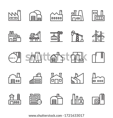 Industrial factory building 25 line icons vector