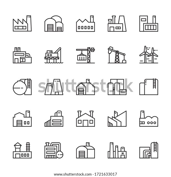 Industrial factory\
building 25 line icons\
vector