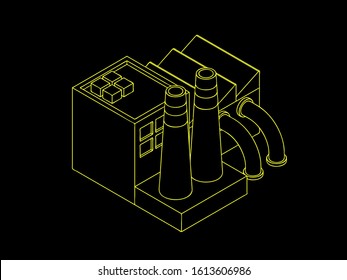 Industrial factory building. 3d Vector outline illustration. Isometric projection. 