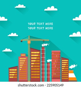Industrial factory building background in flat design style with space for text. Urban city banner with building crane and sky with clouds on background. Vector colorful illustration. 
