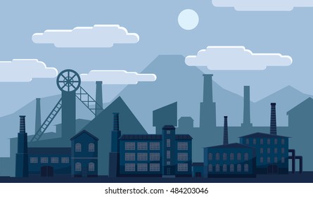 Industrial factory building concept. Processing plant on a blue background