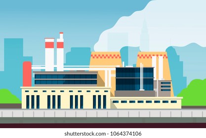 Industrial Factory Building Construction Exterior With City Landscape. Environmental Protection And Eco Technology Plant Vector Concept. Building Factory Industry, Plant Manufacturing Illustration