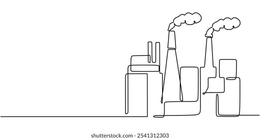 Construção de fábrica industrial em desenho contínuo de uma linha. Design minimalista para construção e conceito de indústria.