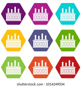 Industrial factory building icon set many color hexahedron isolated on white vector illustration