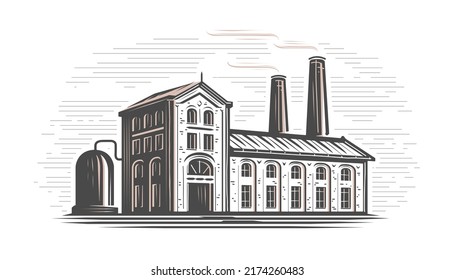 Industrial factory building logo design. Manufacturing and industrial production emblem. Vintage vector illustration