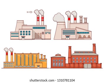 Industrial factory building with pipes.Power electricity industry.Manufactory icons flat vector.The plant isolated on a white background.