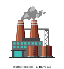 Industrial Factory Building with Polluting Smoke, Power Plant, Thermal Station Flat Vector Illustration