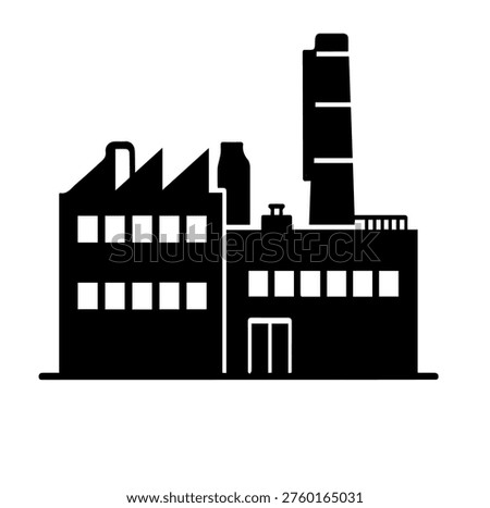 Industrial Factory Building Silhouette Vector Icon with Smoke Stack for Manufacturing Plant Architecture and Business Infrastructure Design Element