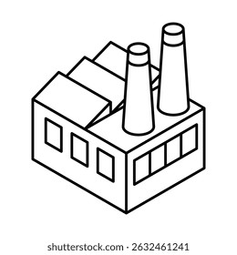 Industrial factory building with two tall chimneys. Isometric vector icon. Editable stroke