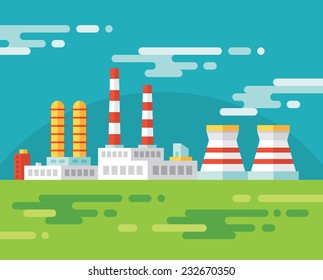 Industrial factory building - vector illustration in flat style for presentation, infographic, booklet, web site and different projects. Plant design element. 