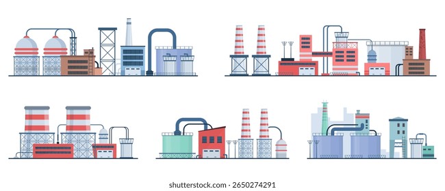 Vetor de construção de fábrica industrial isolado planta de fabricação refinaria química poluição de energia gasoduto de máquinas engenharia ambiental construção civil cidade equipamento de energia de paisagem indústria