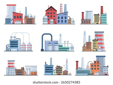 Vetor de construção de fábrica industrial isolado planta de fabricação refinaria química poluição de energia gasoduto de máquinas engenharia ambiental construção civil cidade equipamento de energia de paisagem indústria