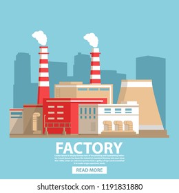 Industrial factory building.City landscape  nuclear power plant.Flat vector.Industry concept  manufactory chimney pipe.
