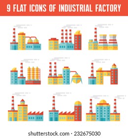 Industrial factory buildings - 9 vector icons in flat style for presentation, infographic, booklet, web site and different projects. Plants signs set collection. Design elements. 