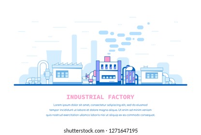 Industrial factory buildings and facilities. Big pipes and faucets. Flat style line art illustration, banner design.