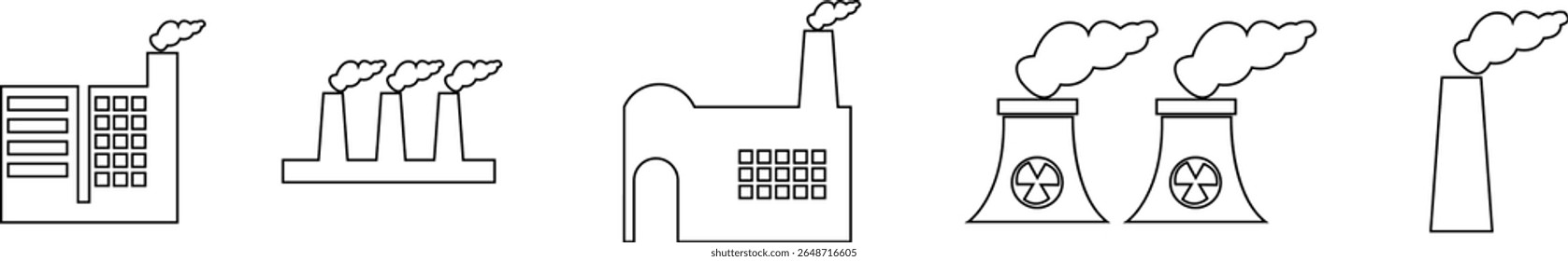 Ícone de edifícios de fábrica industrial isolado no fundo transparente. Silhuetas pretas de fábricas e fábricas. Recolha de indústria manufatory building warehouse nuclear energy plant vetor .