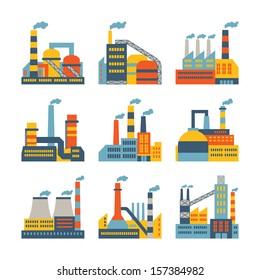 Industrial factory buildings icons set in flat design style.