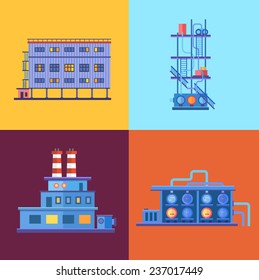 Industrial factory buildings icons set in flat design style.