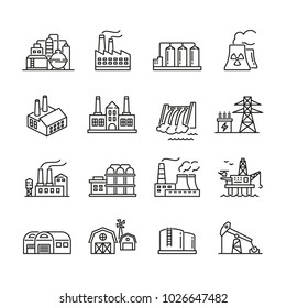 Industrial factory buildings icons: thin vector icon set, black and white kit